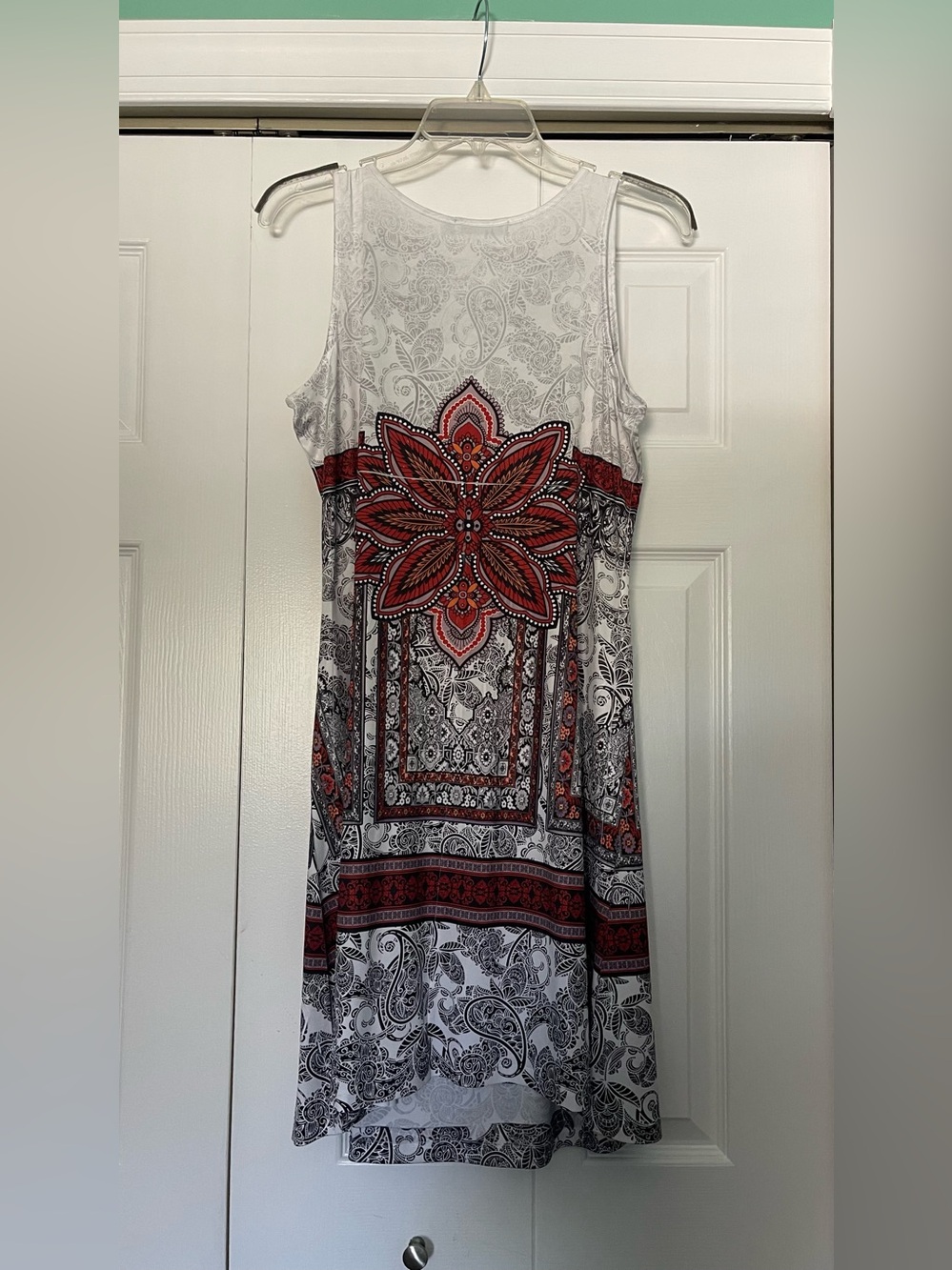 Sleeveless White Dress with Red Floral Medallion